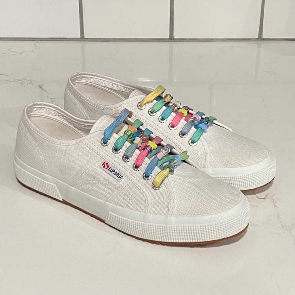 Superga 2750 White Sneakers Beaded Rainbow‎ Laced Low Top Size 41.5